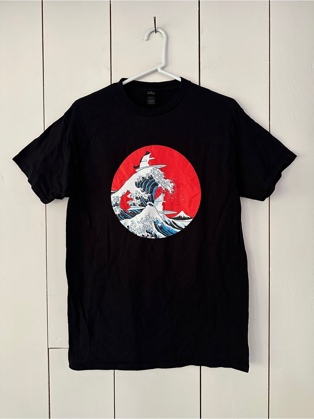 The Great Wave With Surfing Cats Graphic T-Shirt Sz M Black Hokusai Japan